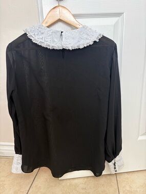 Designers Originals Black Sheer Blouse with White Lace Collar and Cuffs